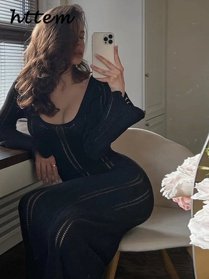 Elegant Knitted Striped Long Dress Women Sexy V-neck Full Sleeve Hollow Out Lace Up Beach Dresses Summer Lady Holiday Robe 240819