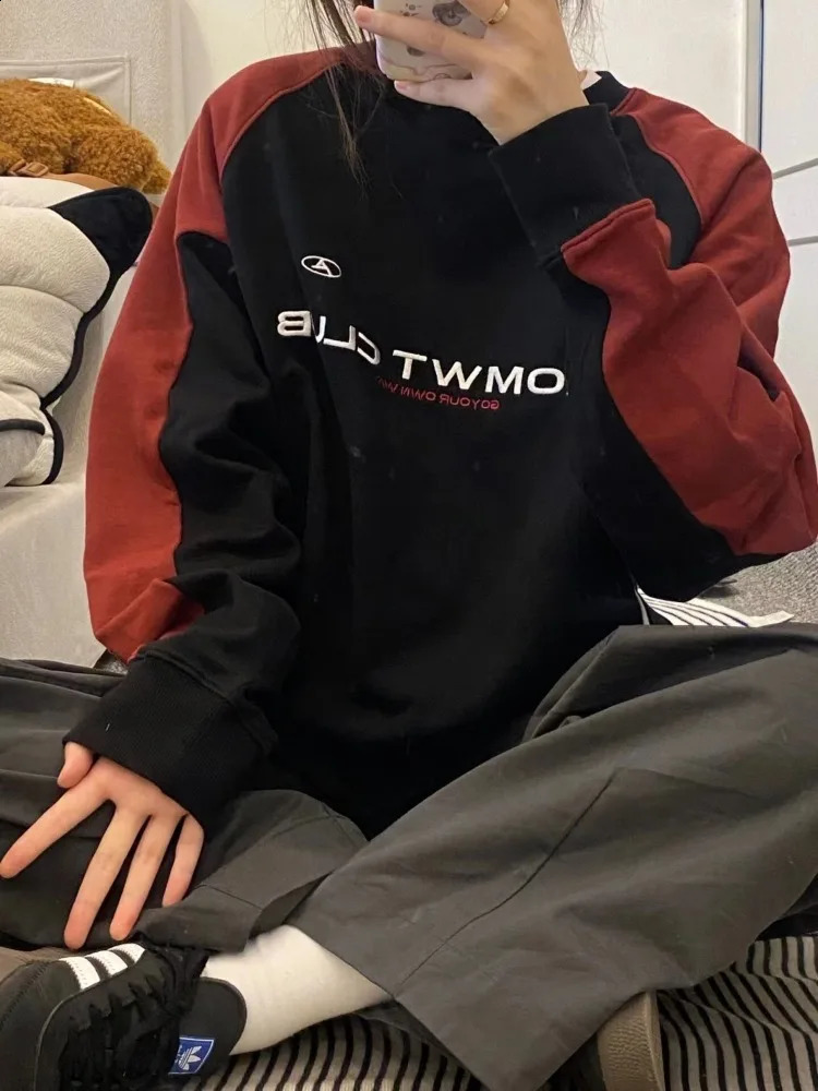 HOUZHOU Vintage Y2K Patchwork Crewneck Sportswear Womens Harajuku Kpop Alphabet Printed Oversized Long Sleeve Hoodie Cotton Korean Style 240814