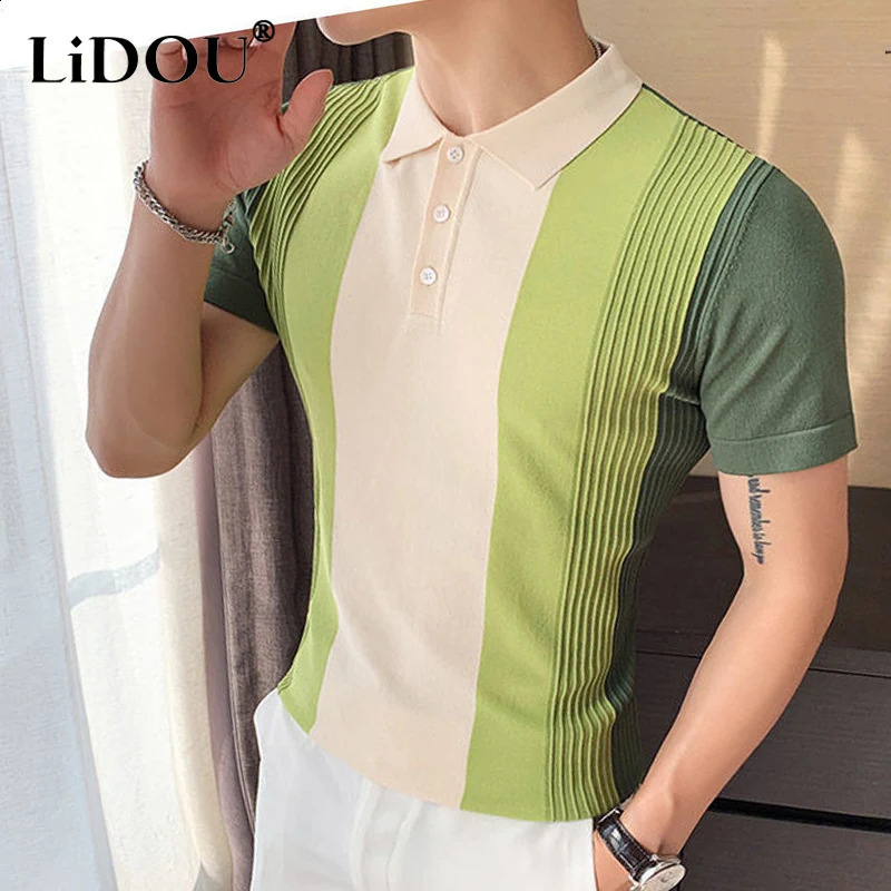 Summer Korean Fashion Polo Shirts Men Creative Y2k Sports Chic Loose Casual Contrasting Colors Hipster Street Top Clothes 240819