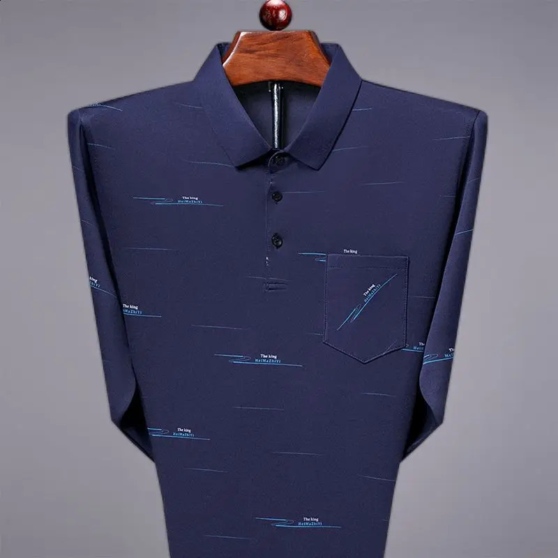 Real Pocket Summer Mens Long Sleeved Lapel with Ice Silk Thin Printed Polo Shirt Loose and Comfortable Casual Bottom Top 240820