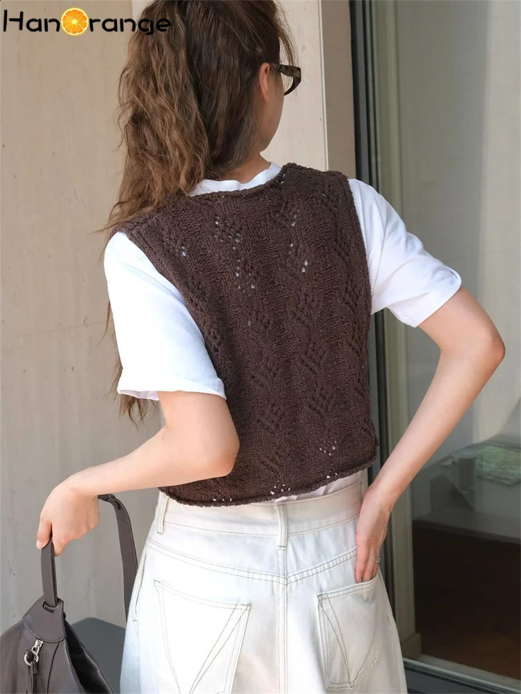 HanOrange Autumn Knight Hollow Diamond Grid Knitted Vest Womens Flexible Sleeveless Sweater Top AlmondCoffee 240819