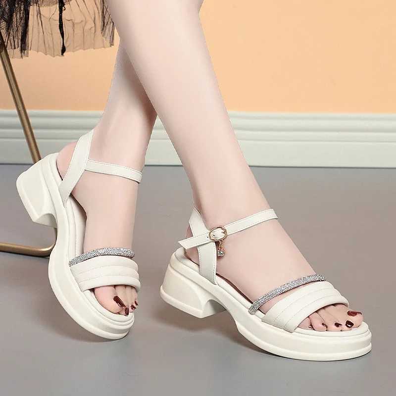 Comfortable Rhinestone Soft Leather Shoes Platform Sandals Summer 2024 Womens Med Square Heels Sandals For Office Mom Elegant CL240806