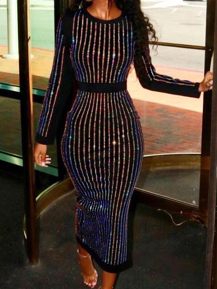 Sequin Round Neck Women Dress Striped Solid Splice Party Tight High Waist Casual Sexy Hip Wrap Long Sheath Dresses 240819