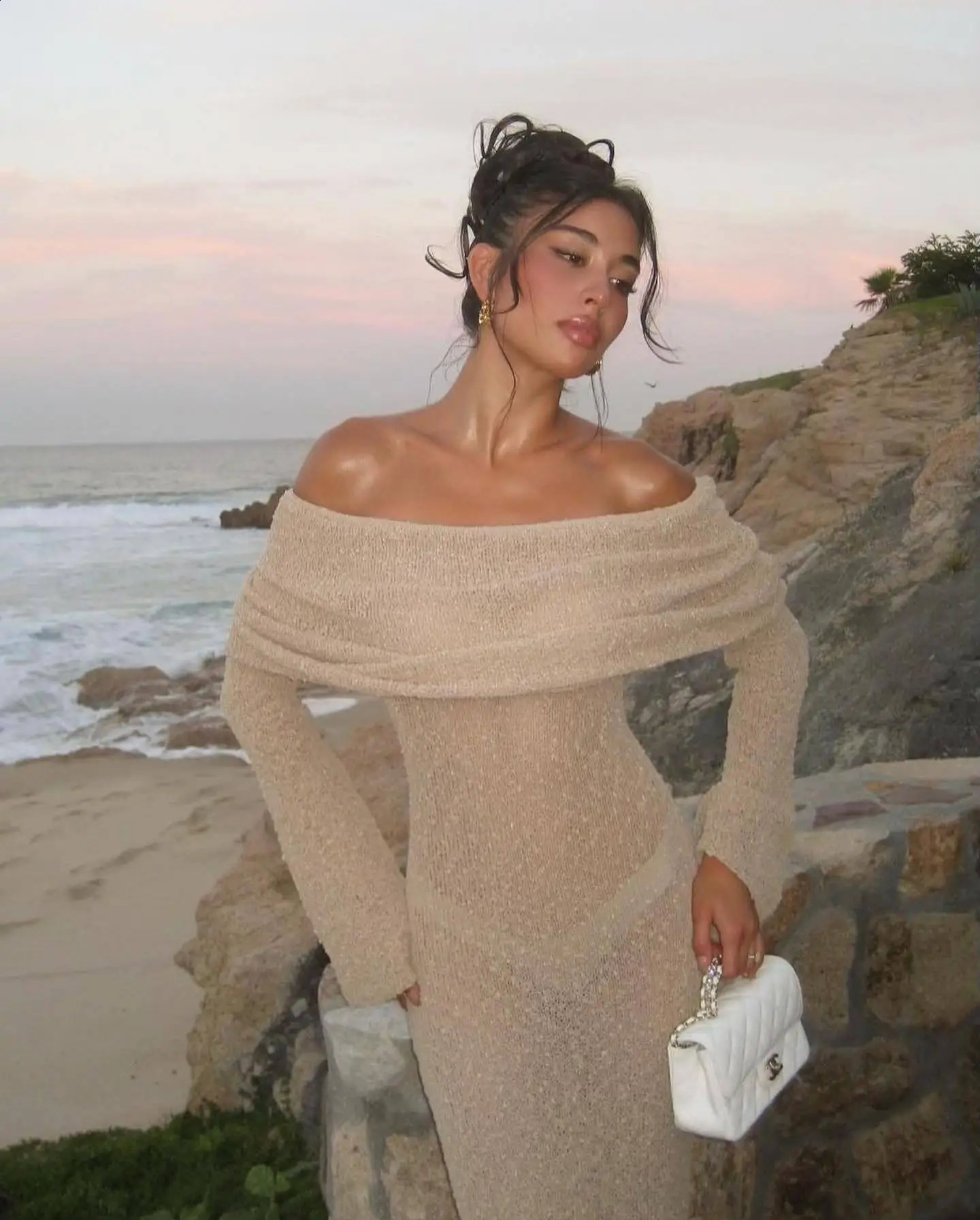 Summer Women Slash Nexk Sunscreen Maxi Dress Fashion Elegant Holiday Sexy See Through Long Sleeve Bodycon Knitted Long Dresses 240819
