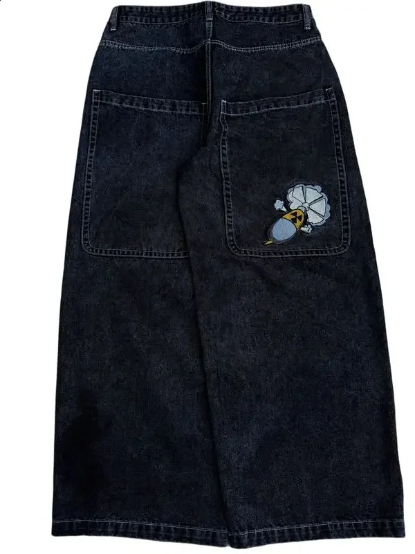 Retro American High Street Embroidered Jeans Black Baggy Patchwork Y2K Goth Men Denim Pants Fashion Hip Hop Wideleg Jean y240828