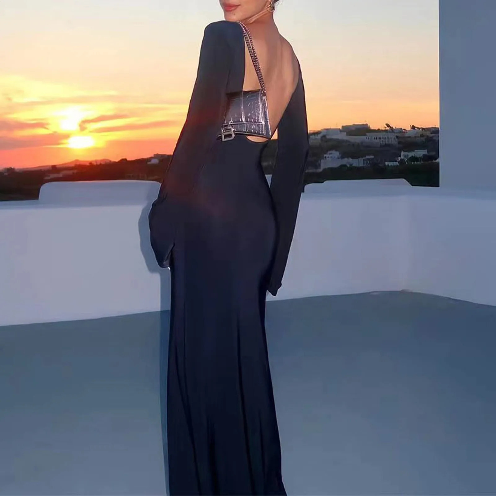 Women Clothing Women Casual Solid Dress Long Sleeve Round Neck Backless Dress Flare Sleeve Slim Beach 240819