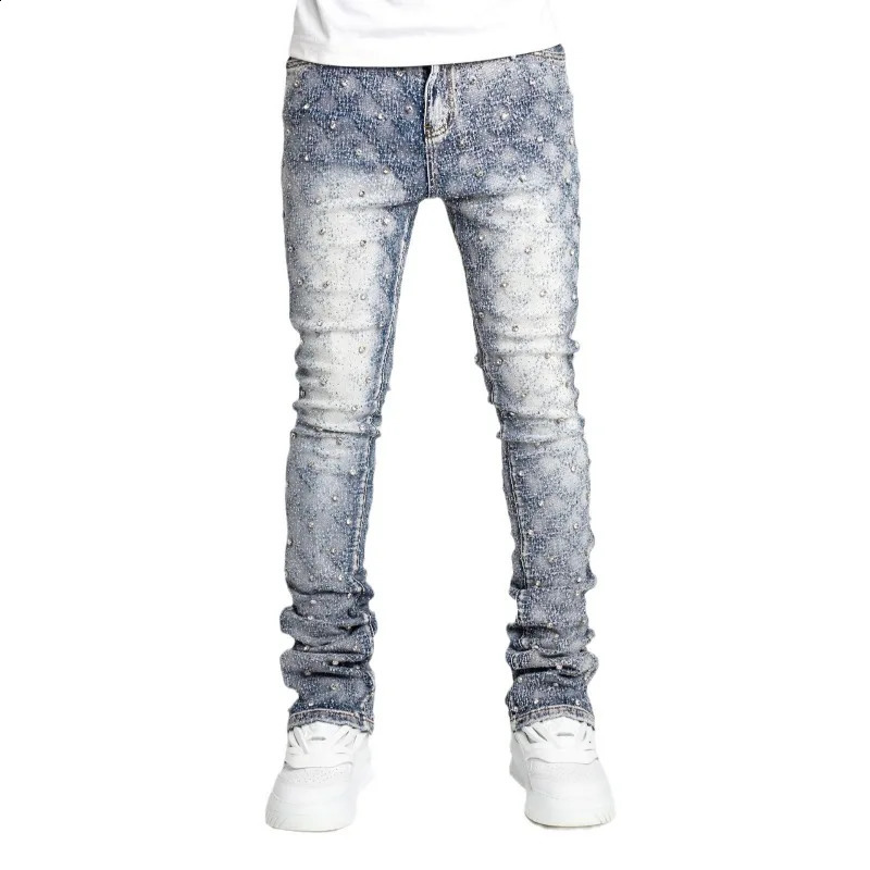 Stretchy Pearls Skinny Jeans Fashion Personality Straight Rhinestone European Street Personality Stacked Denim Pants 240819