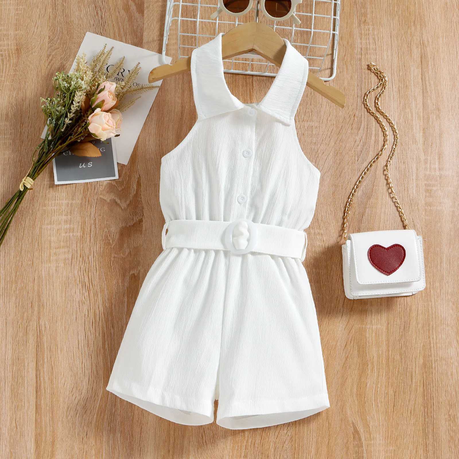 Summer girls sleeveless jumpsuit solid jumpsuit and belt set W240806
