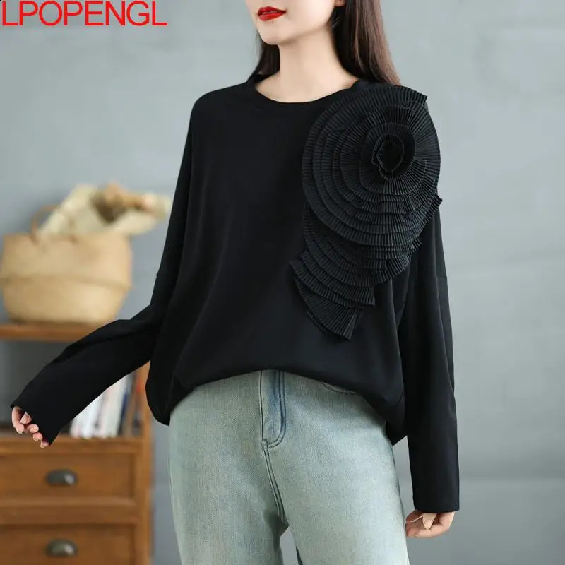 Womens solid color fashionable long sleeved Pullover autumn 3D loose casual retro sportswear 240819
