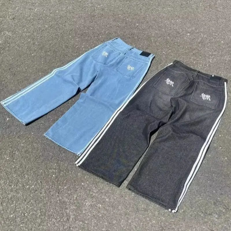Y2K Harajuku Rare Person Bag Jeans Retro Side Line Embryo Pattern Super Cool Street Gothic Nine Quarter Leg Pants 240819