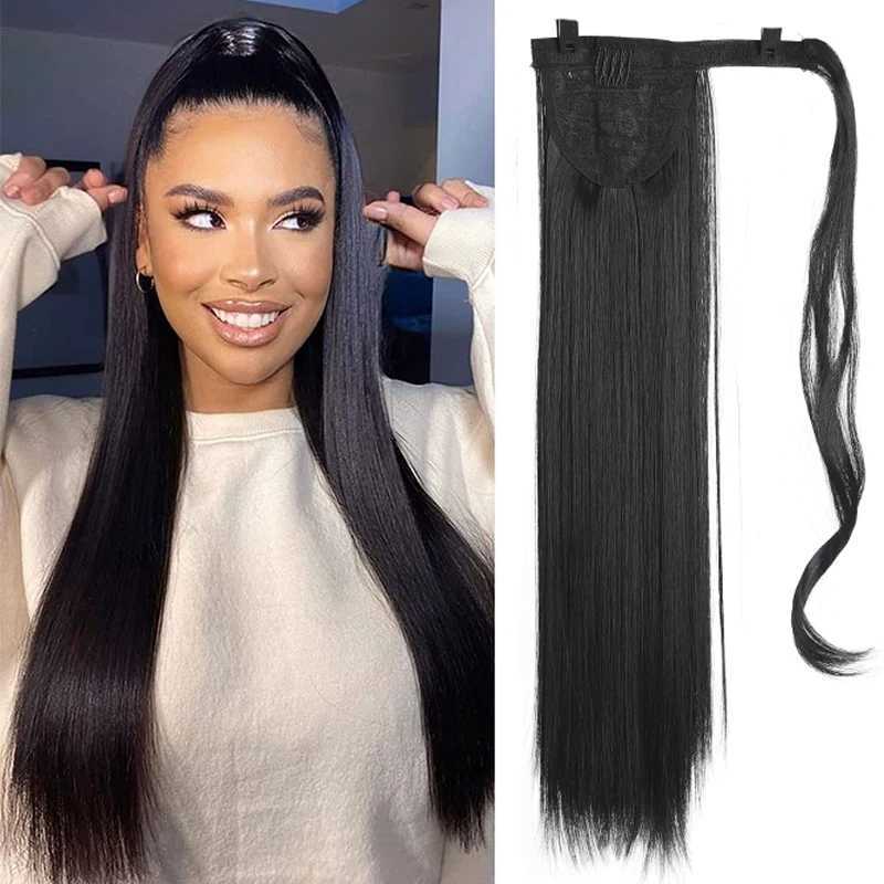 Long and straight ponytail extensions wrapped around synthetic ponytails female hair extensions W240817