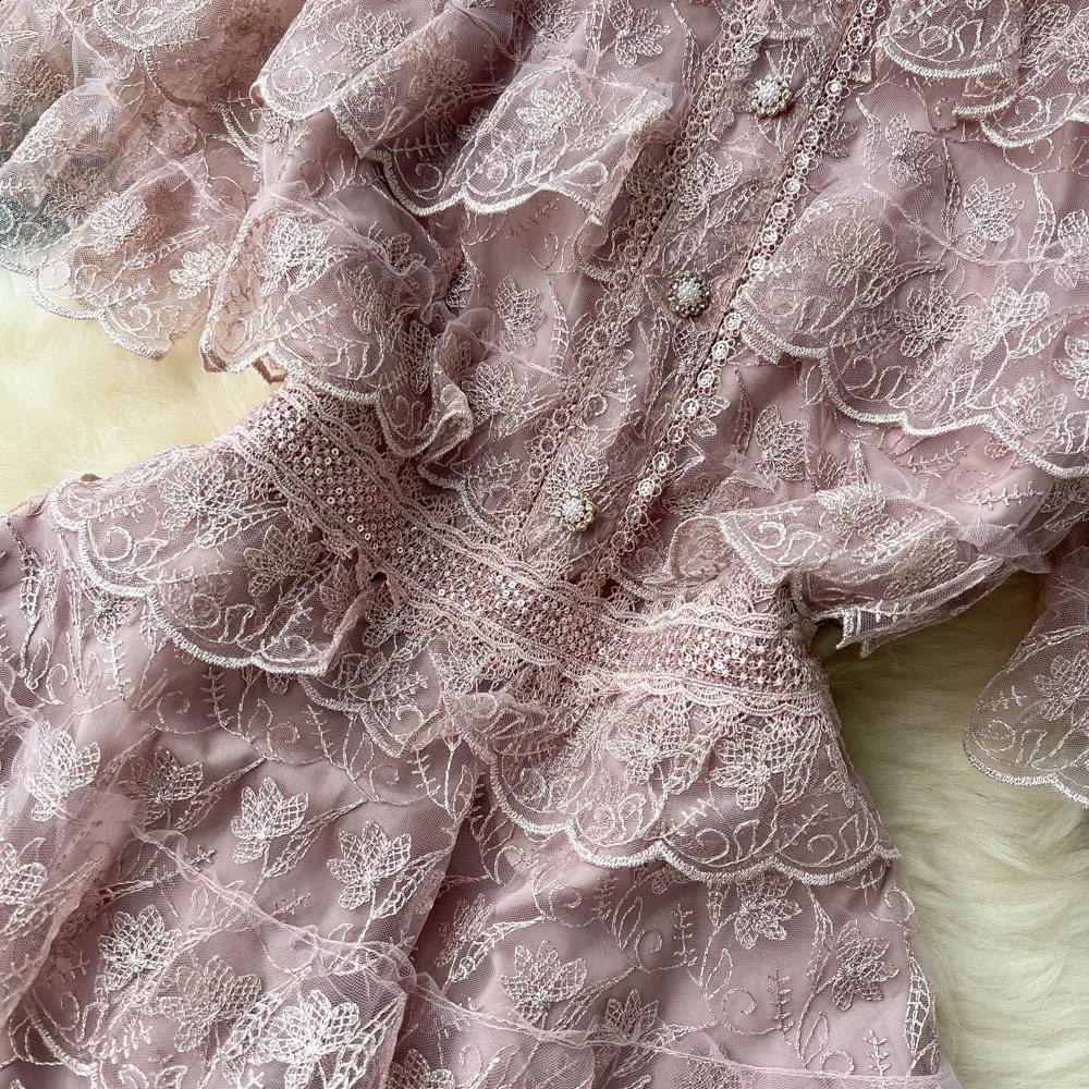 Summer Pink Lace Embroidery Mini Dress Female Short Sleeve High Waist Ruffles Elegant Runway Cascading Vestidos N6922 240819