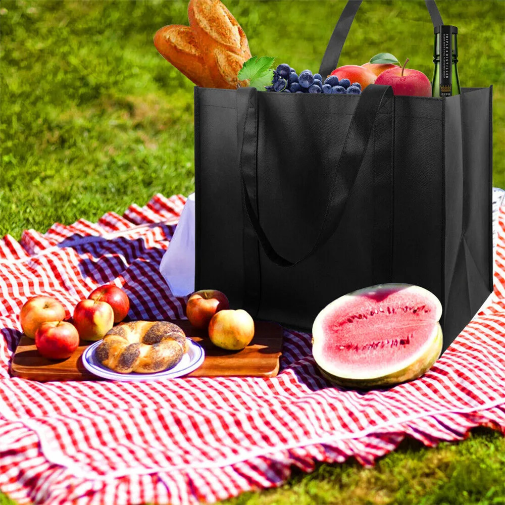 NonWoven Black And Gray Simple Foldable Portable EcoFriendly Large Capacity Reusable Grocery Duty Shopping Bags Handbag y240925