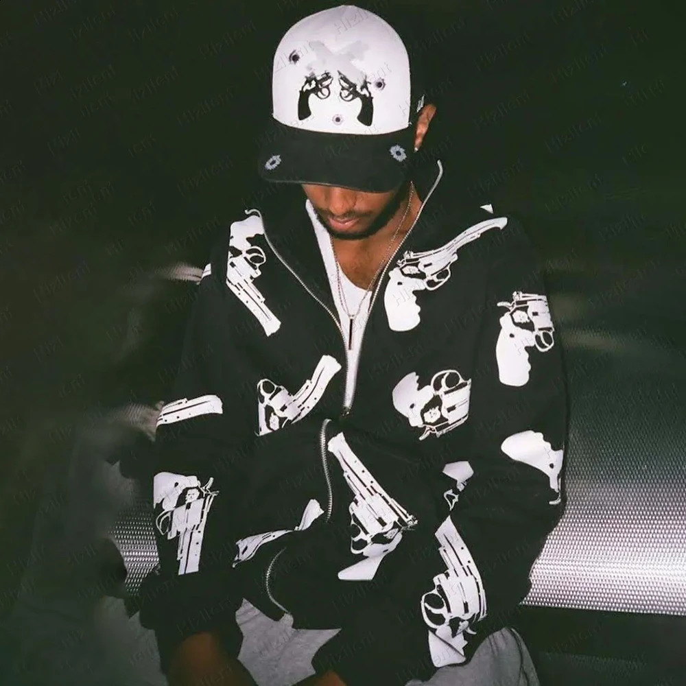 American Street Hip-Hop Rock Tatoo Hooded Jacket For Men Autumn And Winter Loose Lazy Style Plus Velvet Y2k Cardigan Jacket 240819