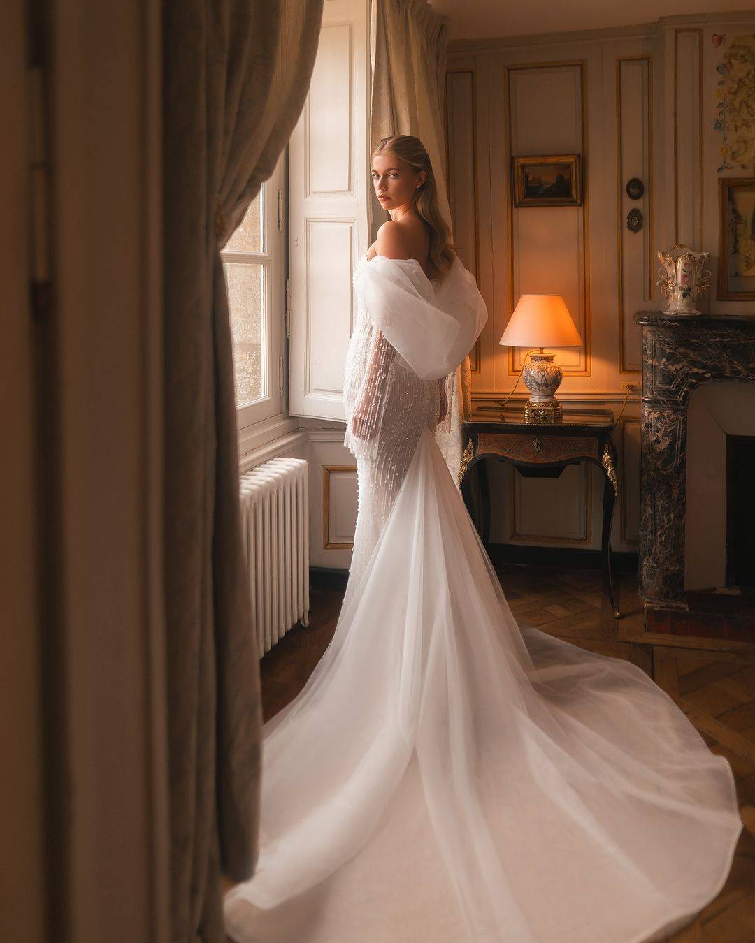 Arabic Illusion Mermaid Ivory Wedding Dress Beaded Sequined Long Sleeve Bridal Gowns Custom Made Dresses