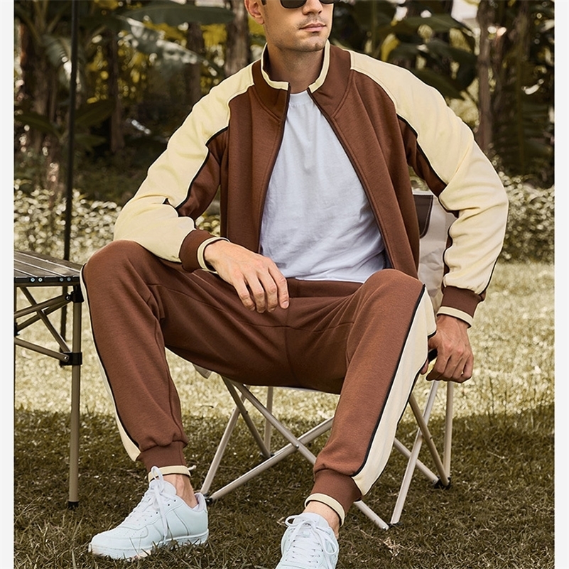 Spring Autumn Male Loose Casual Spliced Zipper Sweatshirt Elastic Waist Sweatpants Two Pieces Set Men Cardigan Top Fashion Pants 240819