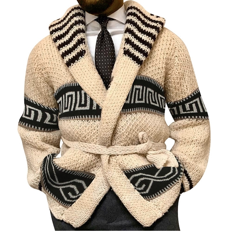 Fashion Mens Warm Sweater Cardigan Autumn Winter Retro Jacquard Knitted Sweater Male Thick Lace-Up Waist Cardigan Sweater Coats 240819