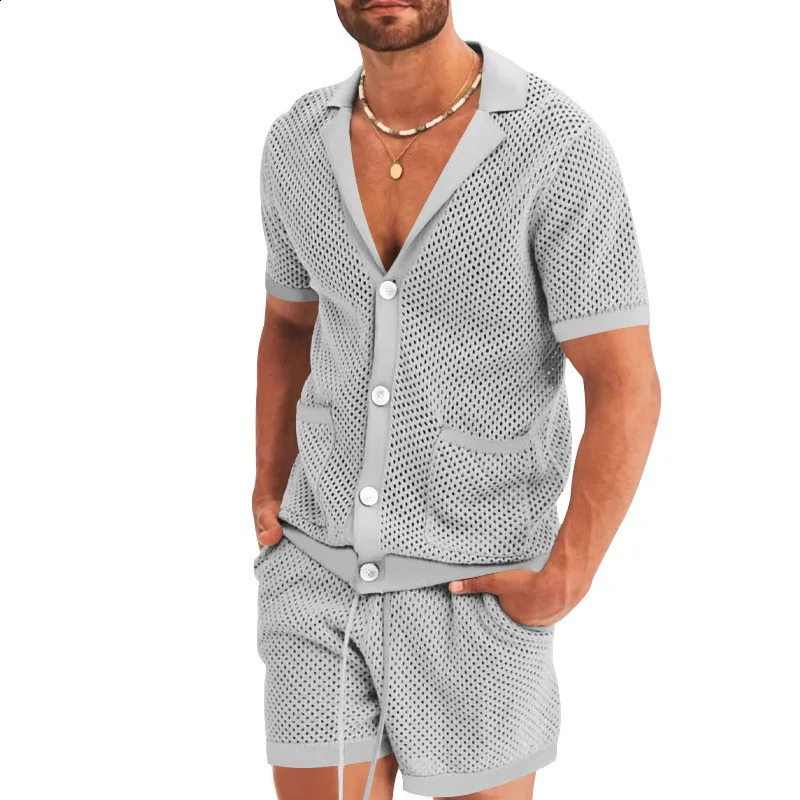 Mens 2 Pieces Set Summer Hollow Out Knitted Casual Beach T-shirt Shorts Suits Sports Lapel Cardigan Short Sleeve Solid 240819
