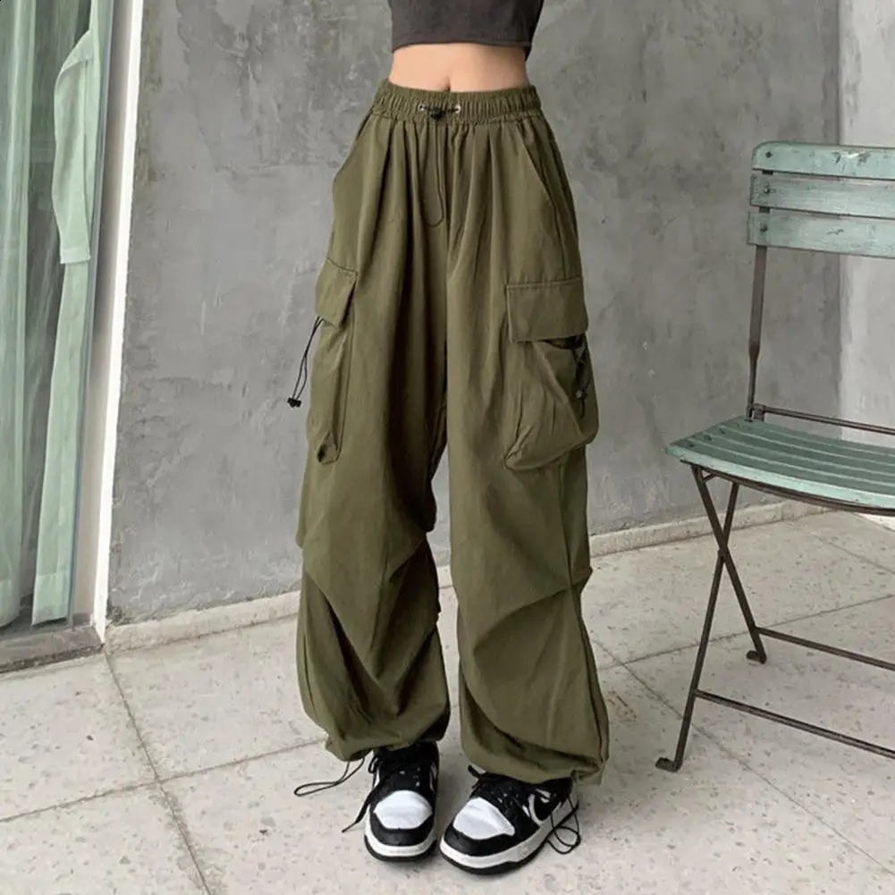 Cargo Pants Hip Hop Baggy Solid Color Multi Pockets Elastic Waist Match Top Loose Breathable Lady Trousers Women Clothes 2 Z260314
