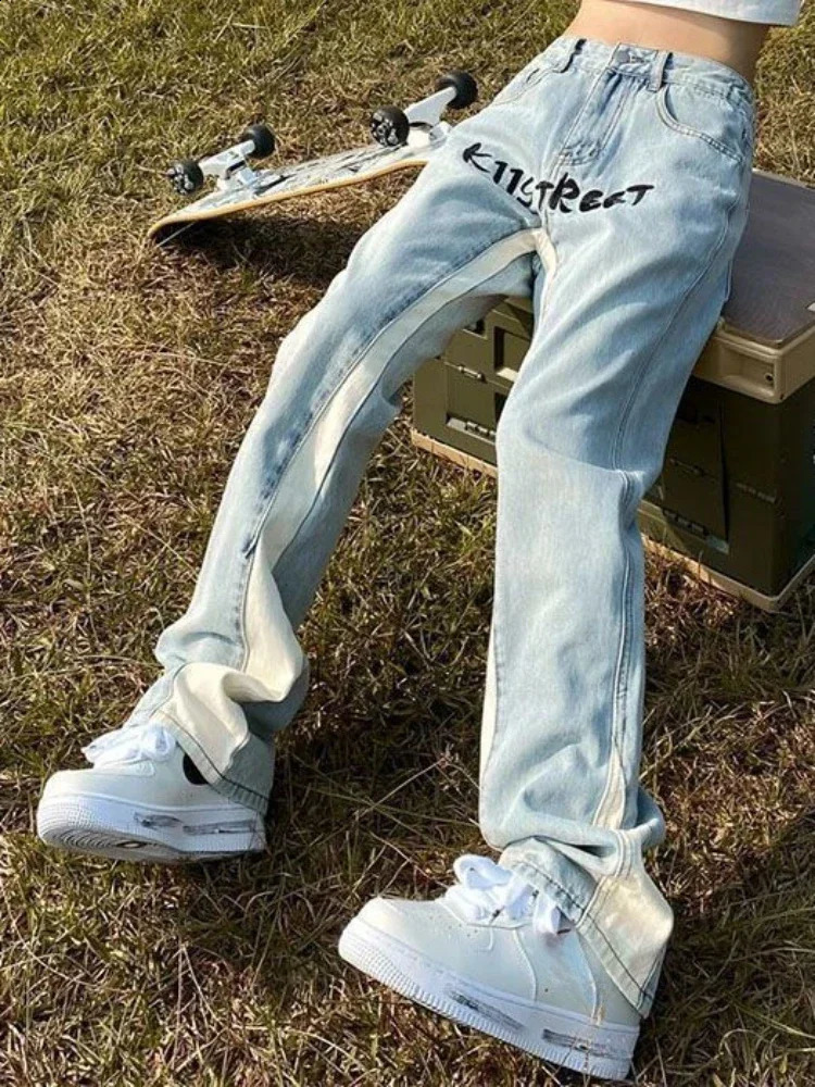 Trousers Light Blue Bootcut Mens Jeans Hip Hop Man Cowboy Pants Letter Flared Comfortable Y2k Vintage Cotton Stacked Y 2k Xs 240819
