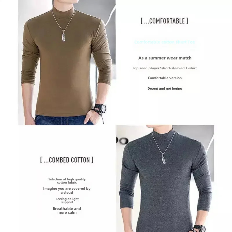 Mens Long Sleeve Cotton Half Polo/turtle Neck Base Layer T-shirt Solid Color Top For Young Middle-aged Men 240820