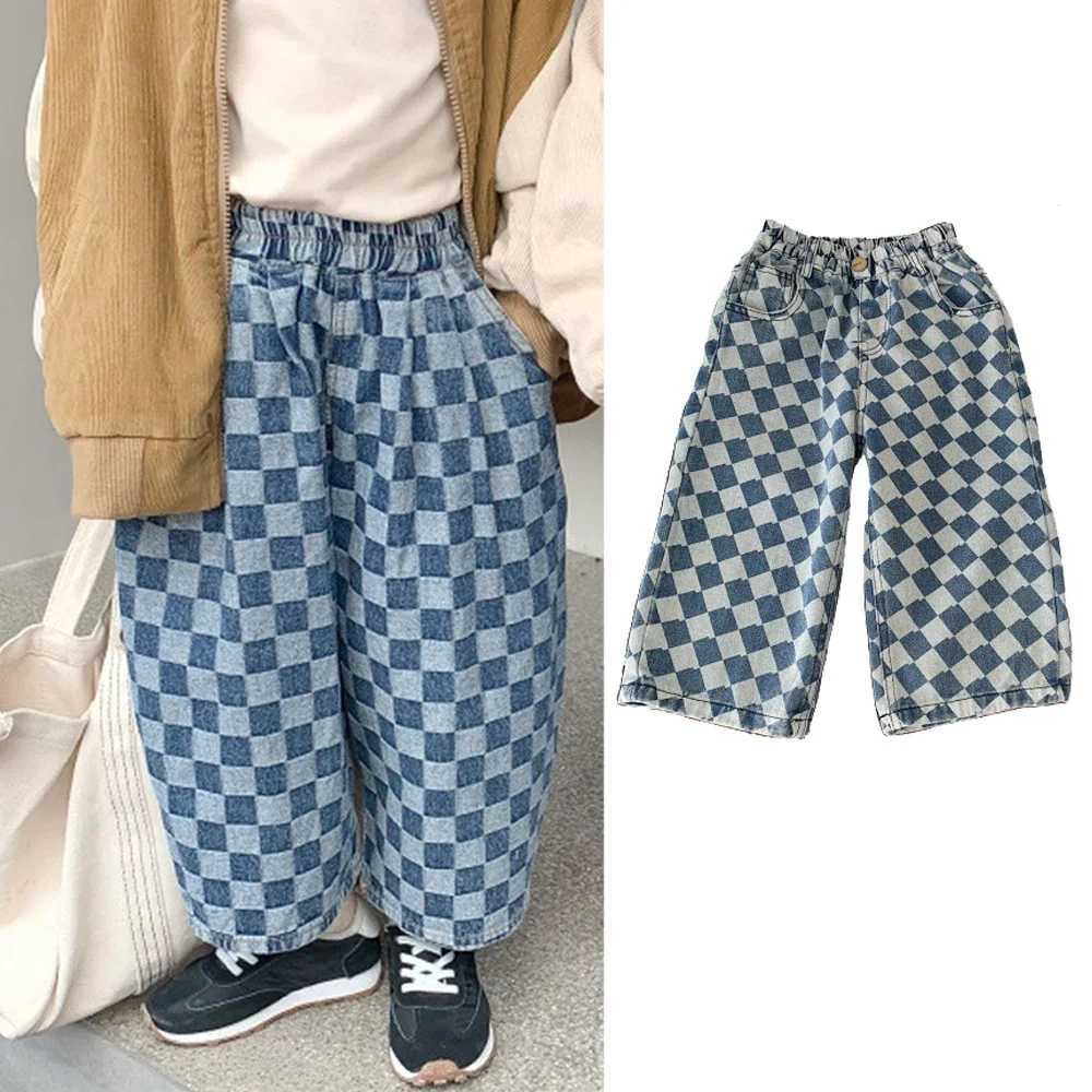 Baby Girls Jeans Kids Grid Elastic Waist Jeans Fashion Jean Trouser 2024 Spring/Summer Childrens Clothing Korean StyleW240819