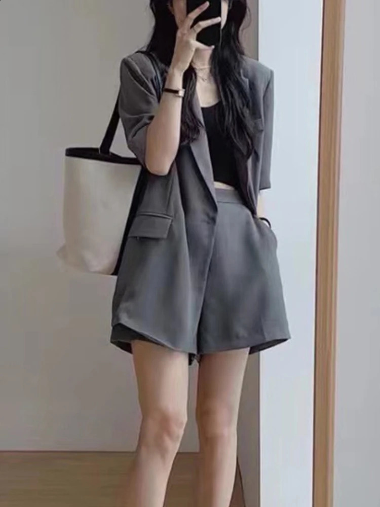 Summer retro womens jacket shorts casual loose solid short Pantalons set fashion 2piece 240819