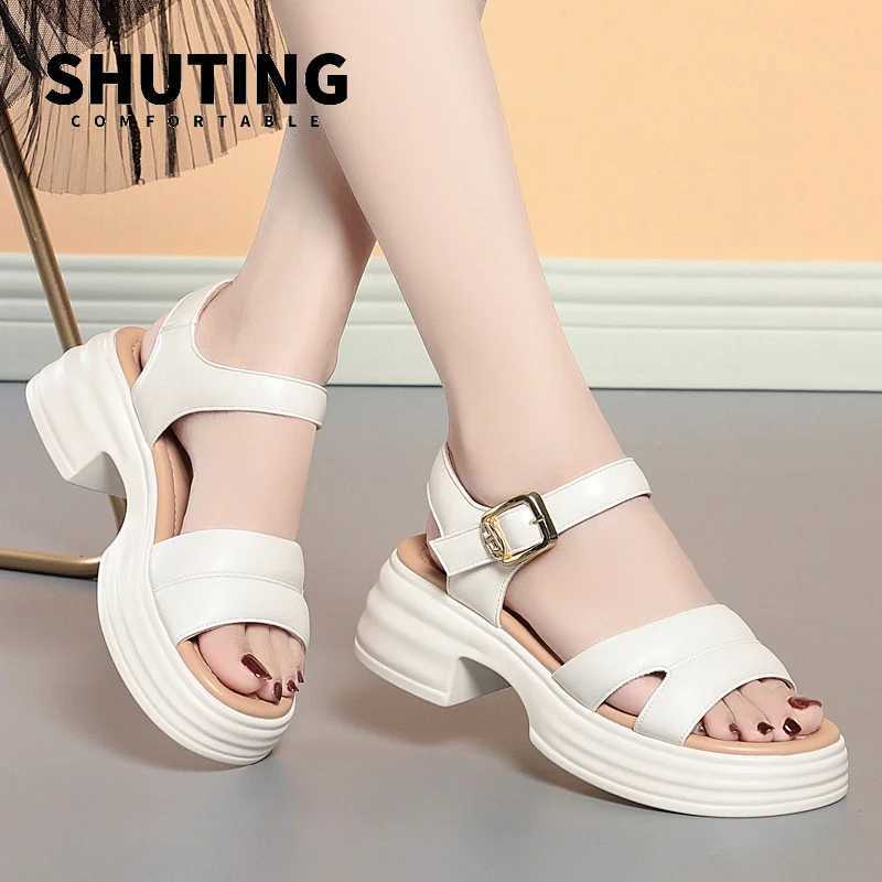 2024 High Heels Platform Soft Leather Casual Sandals Woman Open Head Block Heel Elegant Summer Buckle Soft Sole Sandals CL240806