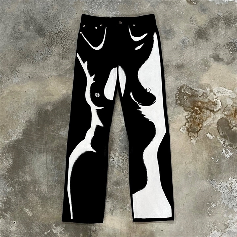 Harajuku Black and white body Graphic wide leg jeans Streetwear Y2K Wide Trouser Pants for Men Women High Waist Jeans 240819