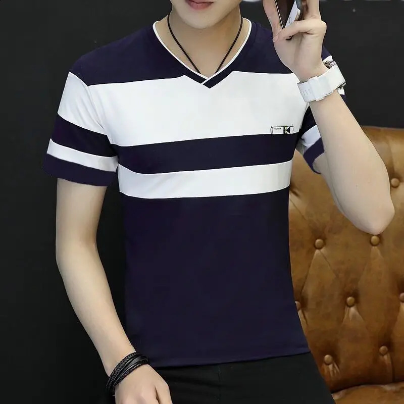 Spring Autumn Mens Solid Turn-down Collar Printing Striped Button Long Sleeve T-shirt Undershirt Fashion Casual Formal Tops 240820