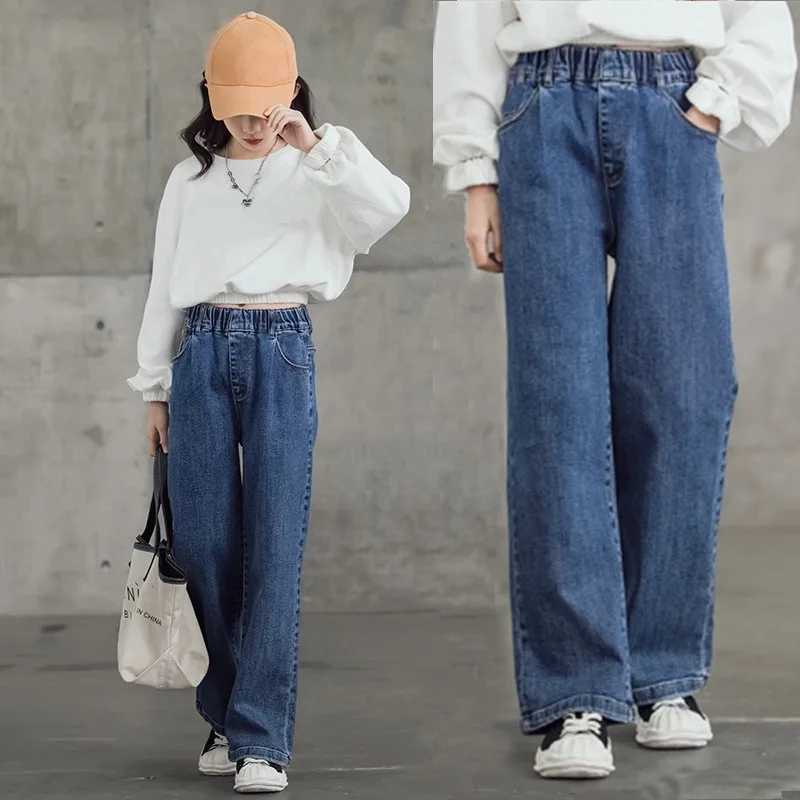 Teenage girl jeans black casual wide leg pants 2023 new school childrens denim Trouser solid loose childrens clothing 12 13 14 years oldW240819