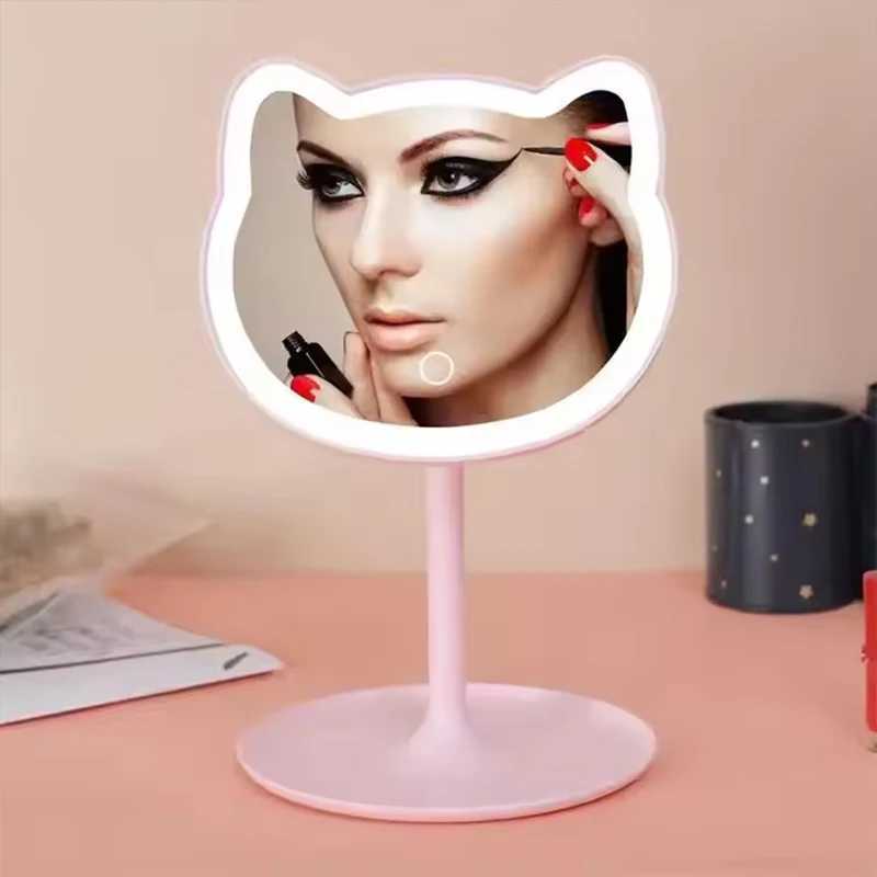 Desktop Cartoon Cat Led Light Makeup Mirror Portable Fashion Mini Electric Cosmetic Mirror for Personal and Home Y240819
