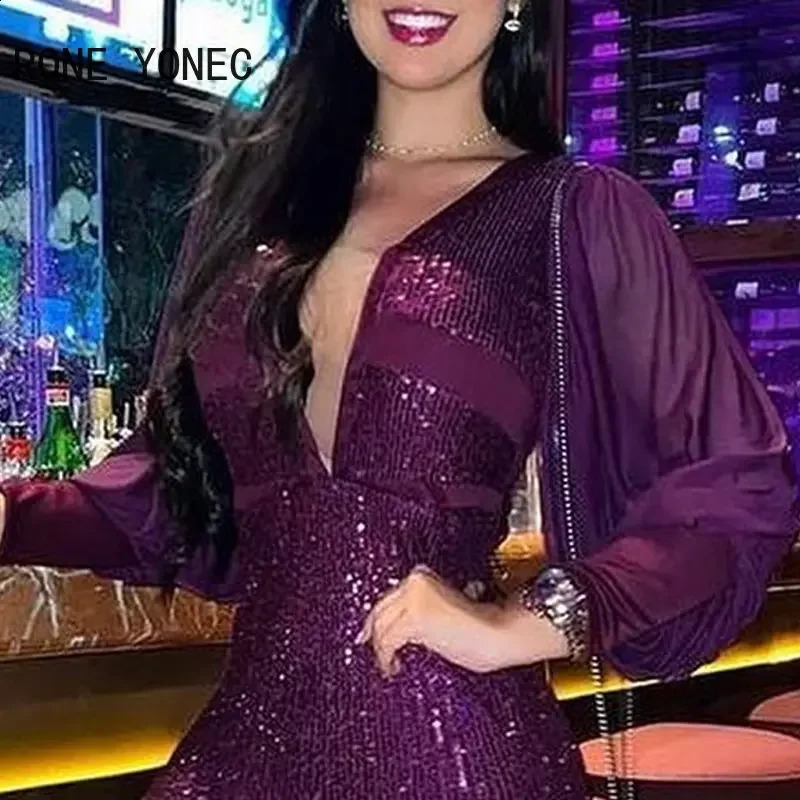 Women Chic Solid Sequins Sexy Deep V Neck Long Lantern Sleeves Patchwork Mini Bodycon Party Dresses 240819