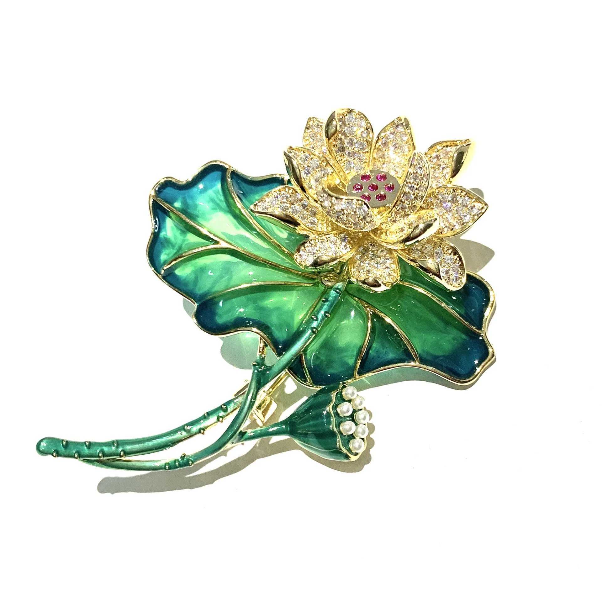 Xiliang Concubine high-end new product copper inlaid zircon enamel colored lotus flower brooch beautiful Chinese style gift W240815