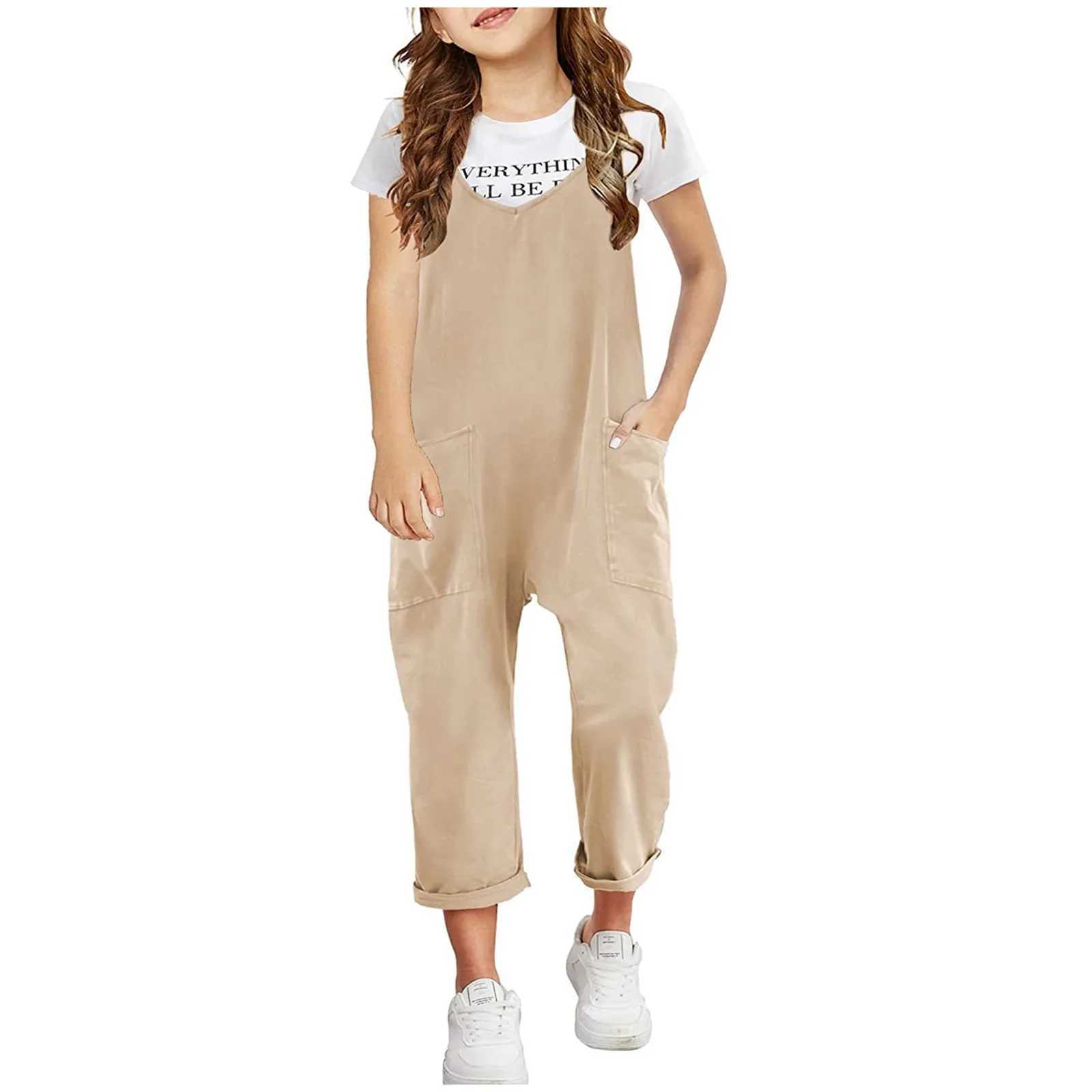 Girls casual sleeveless jumpsuit with spaghetti straps comfortable loose top pants pocket thin lotus dress W240806