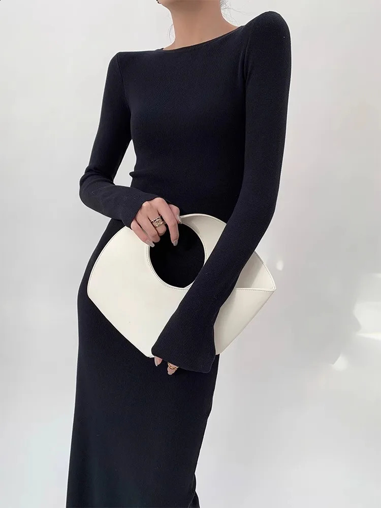 Black Knitted Dress For WomenS Spring And Autumn Style Simple And High End Hip Hugging Slim Fit Long Dress 240819