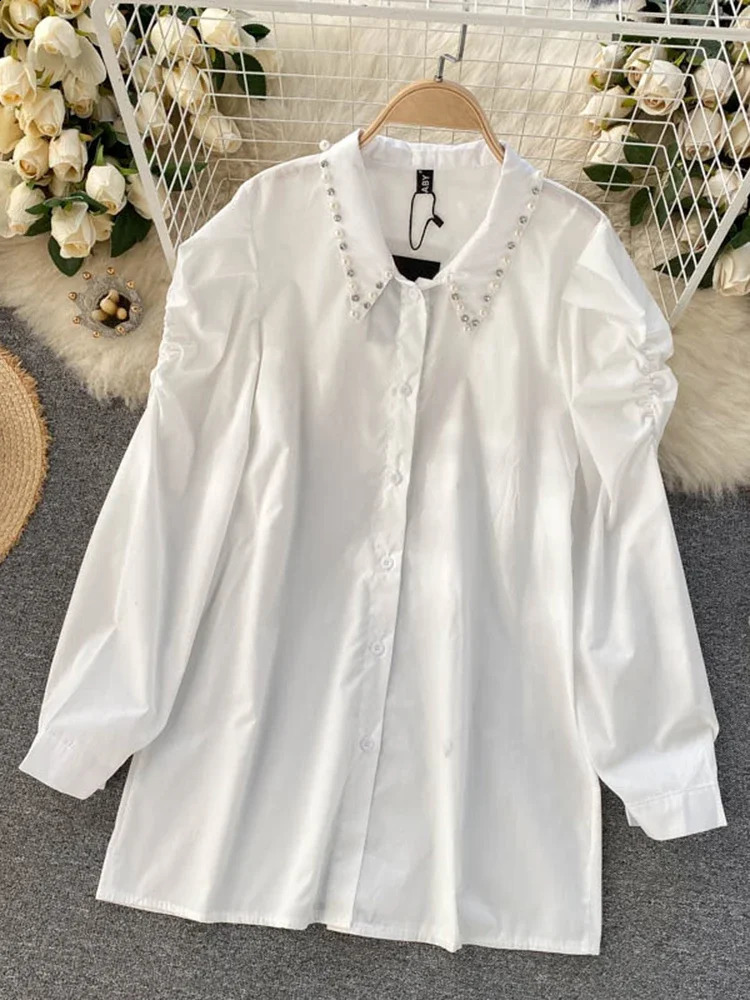 Spring and Autumn Warm Shirt Womens Collar Beaded Stacked Beads Blusa Strap Waist Coat C Fashion Two piece C814 240819