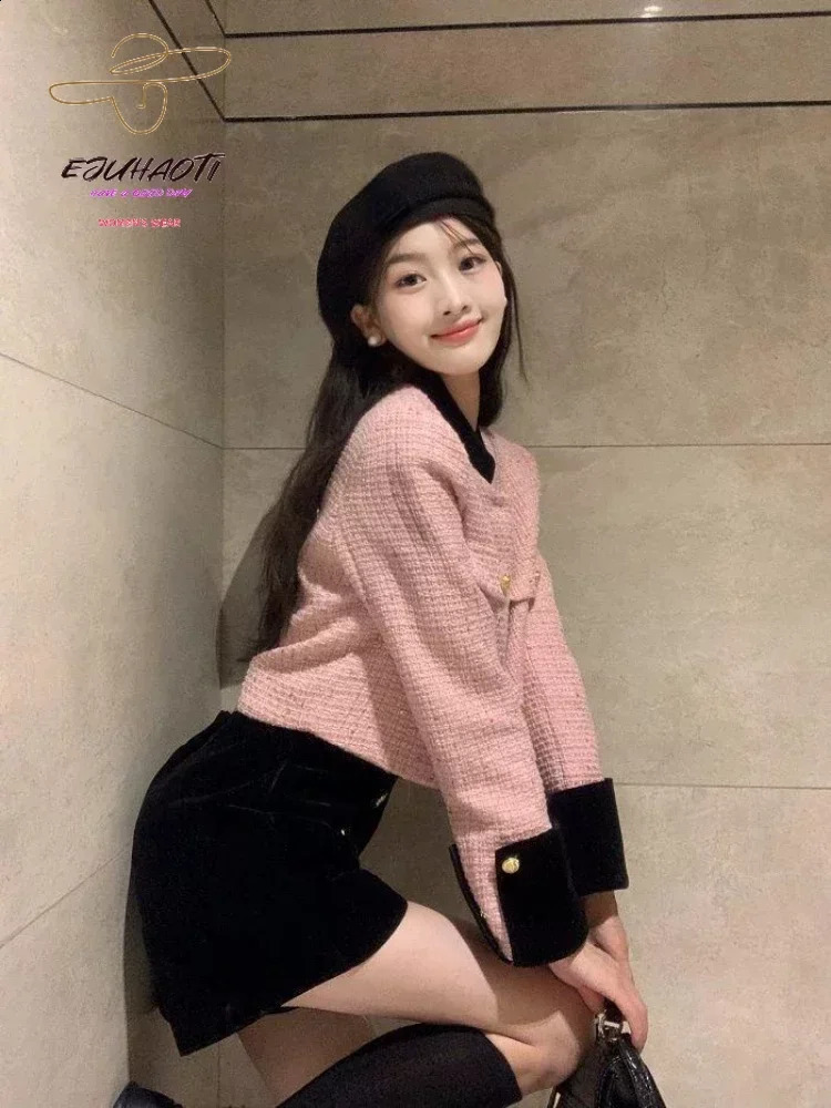 Womens jacket short contrast color joint tweet stand collar small perfume blouse womens clothing Korean fashion 240819
