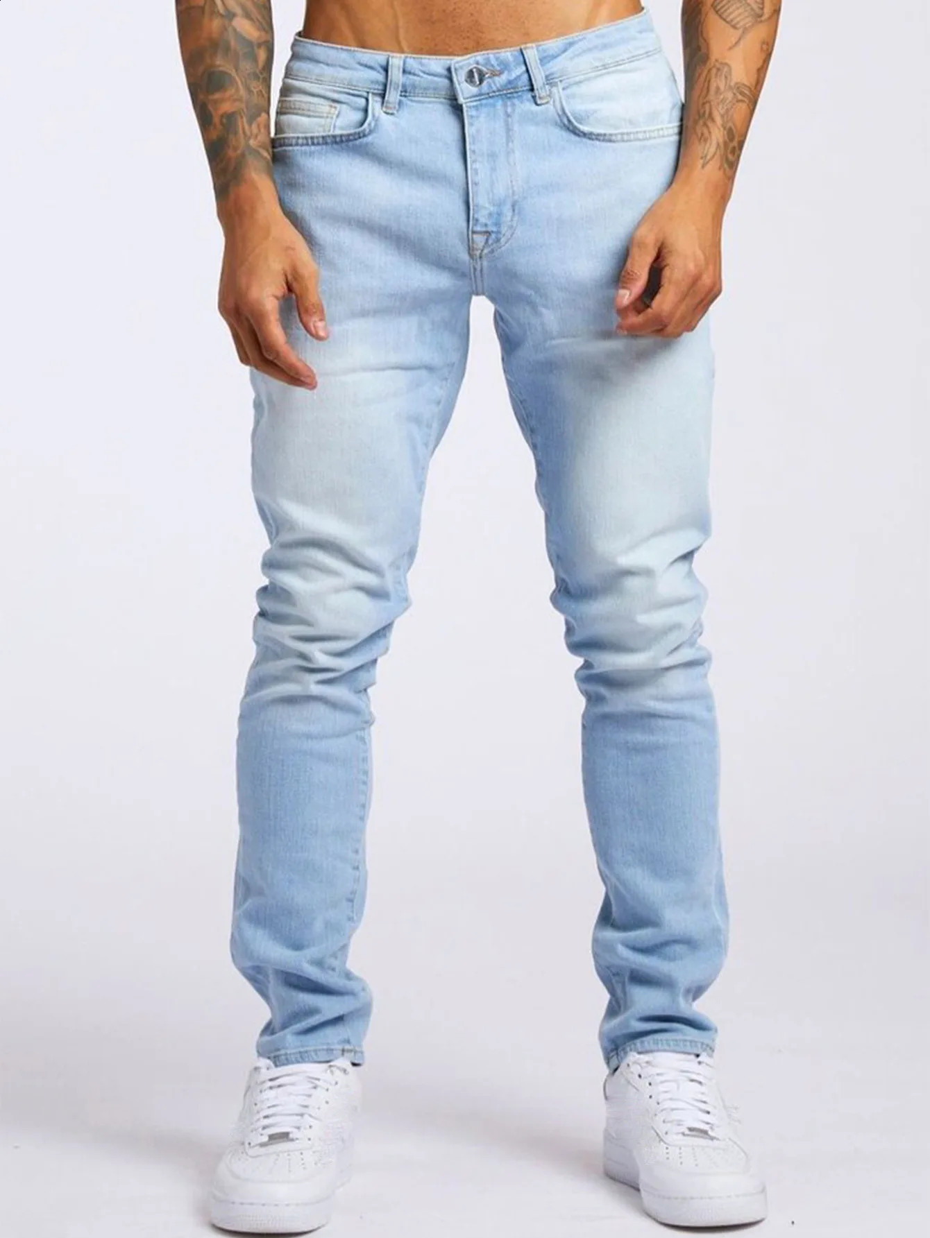Black Street Fashion Mens Jeans High Quality Retro Blue Elastic Slim Fit Open Back ner Denim Pants Hombre 240819