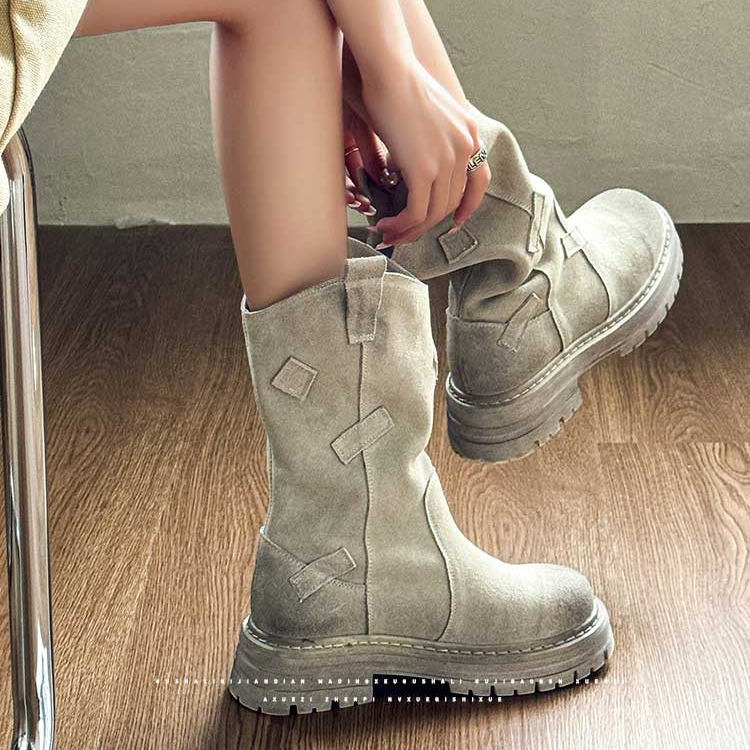 Women's Mid-Calf Summer Vintage Style Hot Lightweight Short Martin New Boots, Brown & Grey