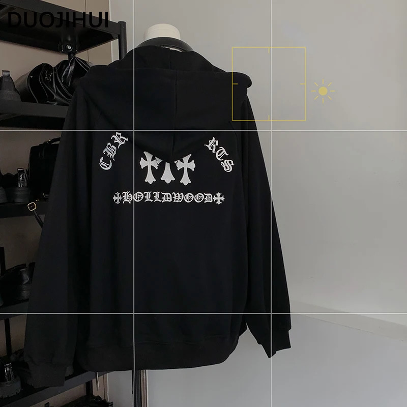 DUOJIHUI Black Chic Hooded Basic Loose Female Hoodies American Fashion Print Simple Casual Solid Color Long Sleeve Women Hoodies 240819