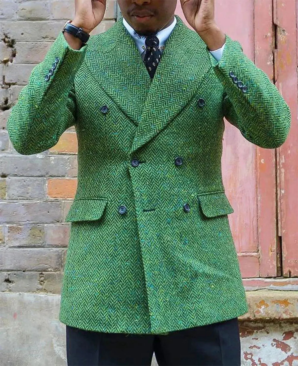 Mens sports jacket casual mens slim fit retro lapel herringbone pattern doublelayer clothing 240819