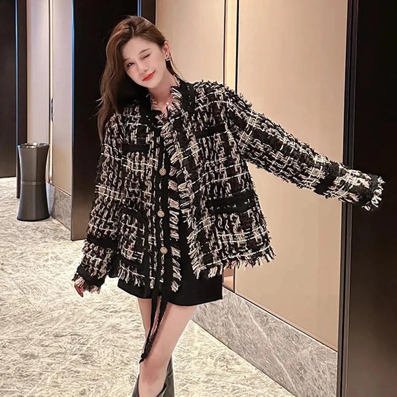 GIDYQ Y2k vintage cut tweed jacket for womens streetwear black gold woven tassel highquality casual chic button 240819