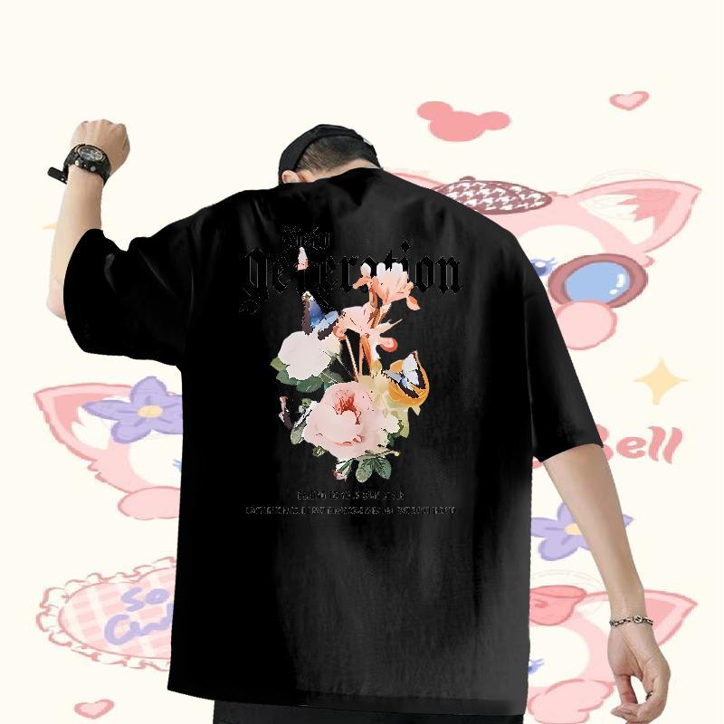 DIY Men Tees flower Sports Casual 230g Cotton Tees Shirts Breathable Crew Neck High Quality T Shirts Men DIY Anime