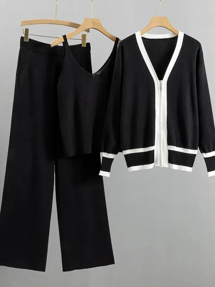 Spring Fall 3 Piece Sets Loose Cardigan Ensemble Sleeveless Vest Conjuntos High Waist Wide Leg Pant Suits Knit Soft Tracksuit 240819
