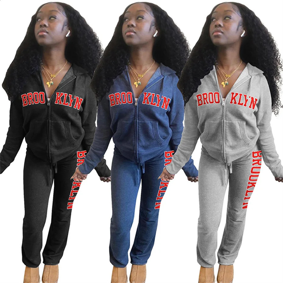 Winter Clothing Womens Letter Printing Thick Two Piece Zipper Hoodie and Flash Pants S1605 240819