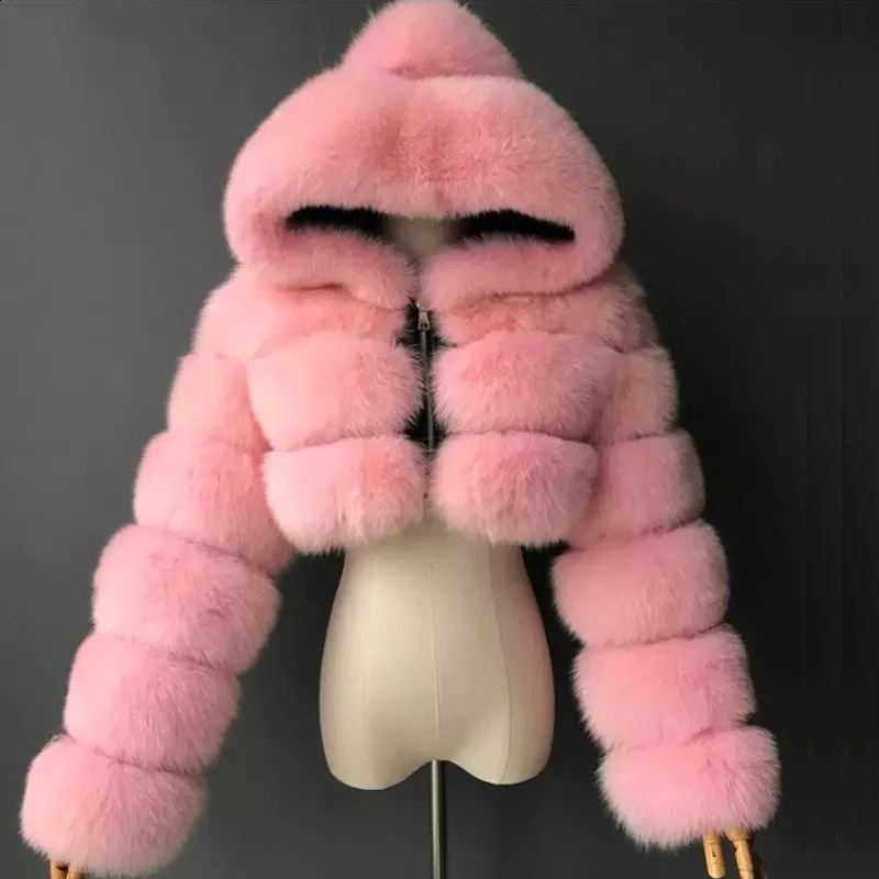 High Quality Furry Cropped Faux Coats and Jackets Women Fluffy Top Coat With Hooded Winter Fur Jacket Manteau Femme 240820