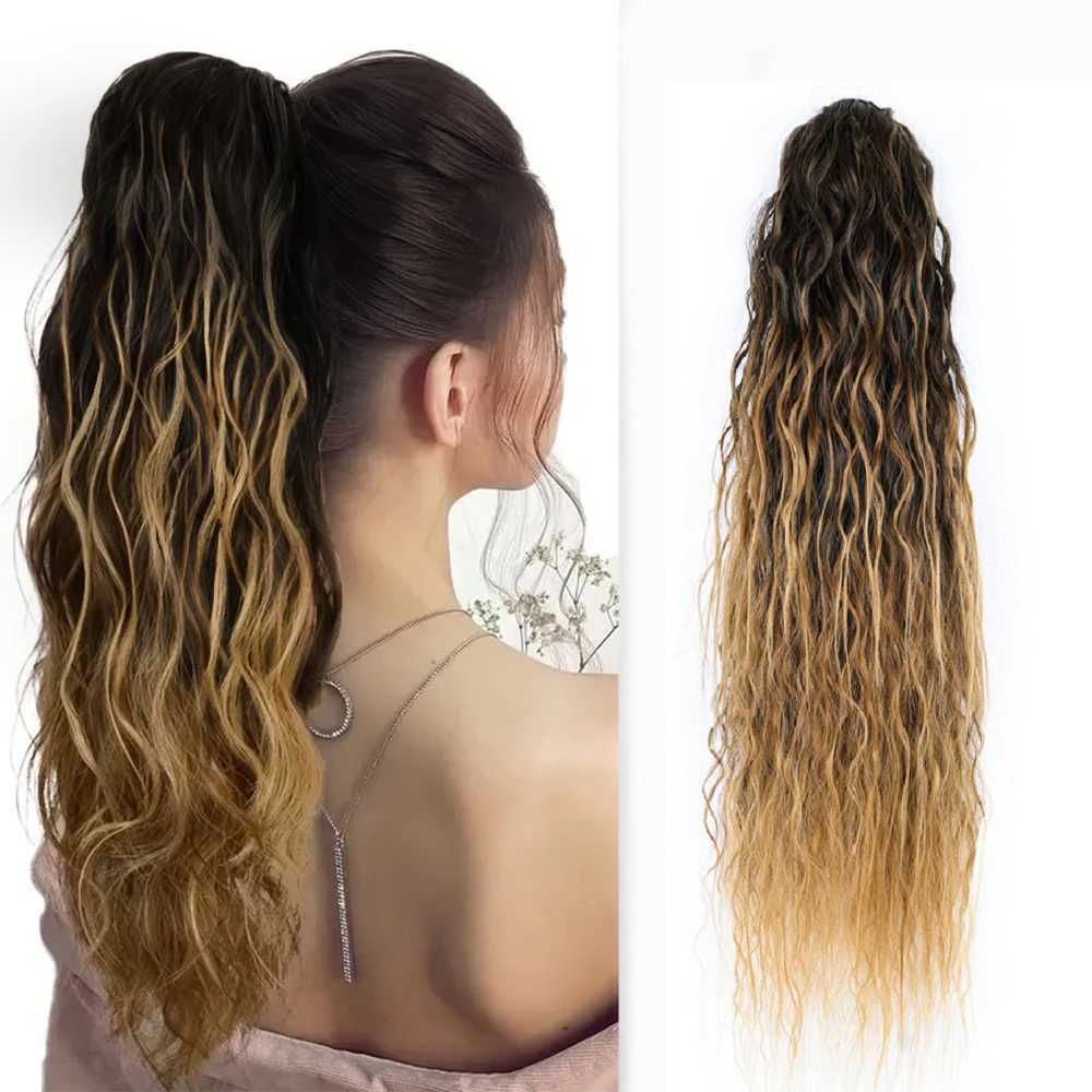 1 piece of 30 inch fluffy Ombre blonde curly water wave brushed ponytail hair extension synthetic clip style hairstyle W240817