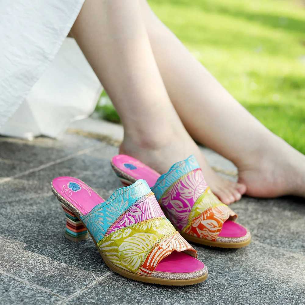 vicconfy 2024 New Style Summer Leather Retro Colour Blocking High Heeled Sandals Slippers CL240806