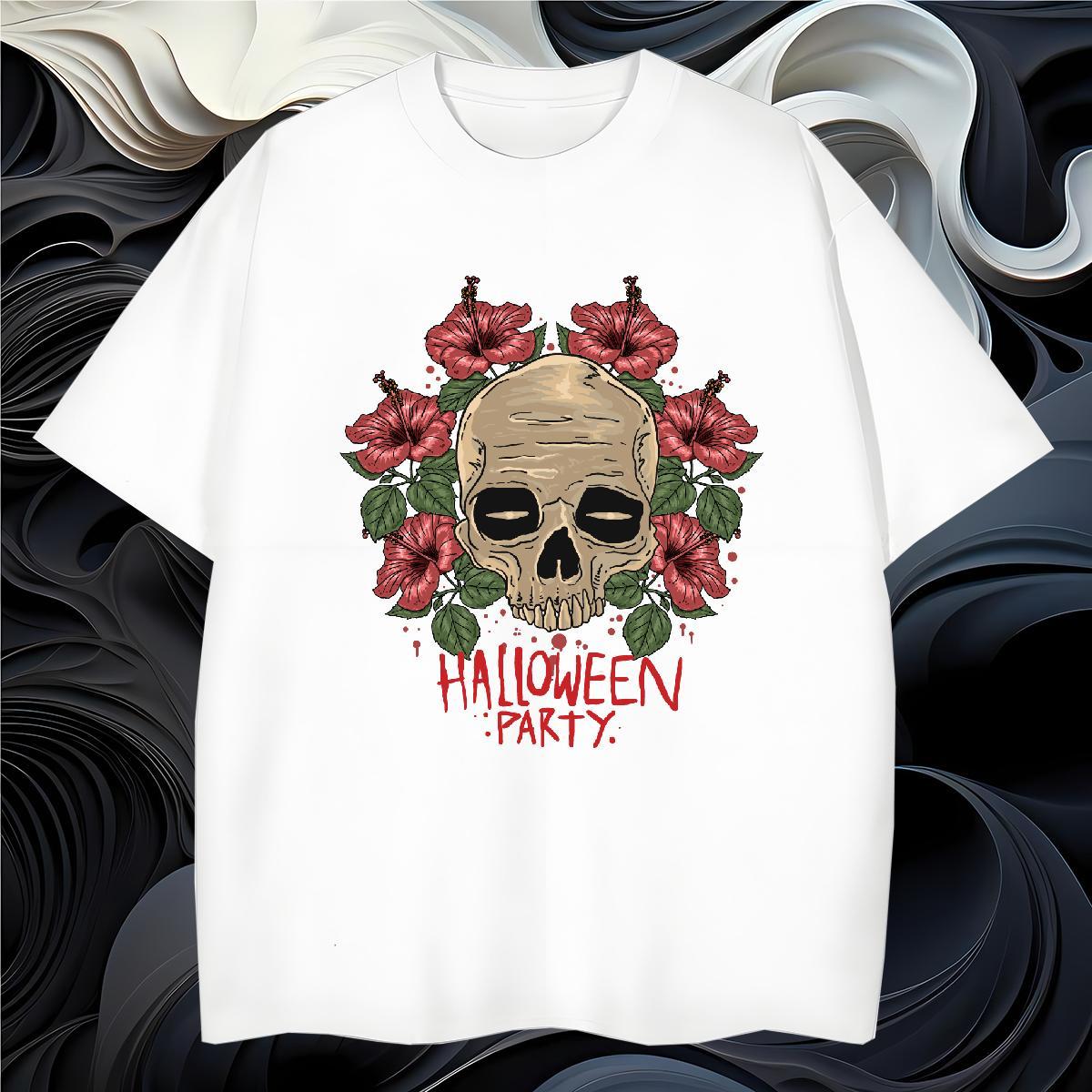 Unisex T Shirt For Man skull O-Neck Short Sleeve Beach Floral Print 230g Pure Cotton Men Tees 2024 Summer Clothes